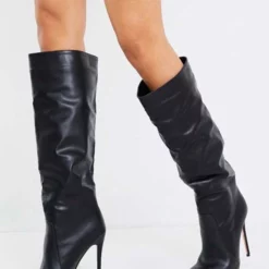Women Stiletto Heel Pointed Toe Knee-High Boots In Black Bright Leather