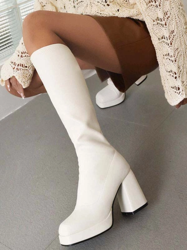 White Knee High Boots Women PU Leather Chunky Heel Knee Length Boots 3 White Knee High Boots Women PU Leather Chunky Heel Knee Length Boots