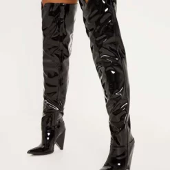 Women's Patent Leather Cone Heel Thigh High Boots Black Bright Leather