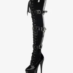 Pole Dance Shoes Women's Black Sexy High Heel Boots Lace Up Buckles Platform Stiletto Heel Thigh High Boots