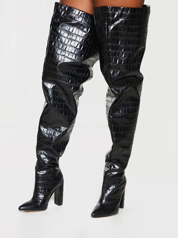 Women's Wide Stone Grain Chunky Heel Bright Leather Thigh High Boots 3 Women's Wide Stone Grain Chunky Heel Bright Leather Thigh High Boots