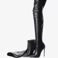 Black Thigh High Boots Womens Pointed Toe Stiletto Heel Over The Knee Boots