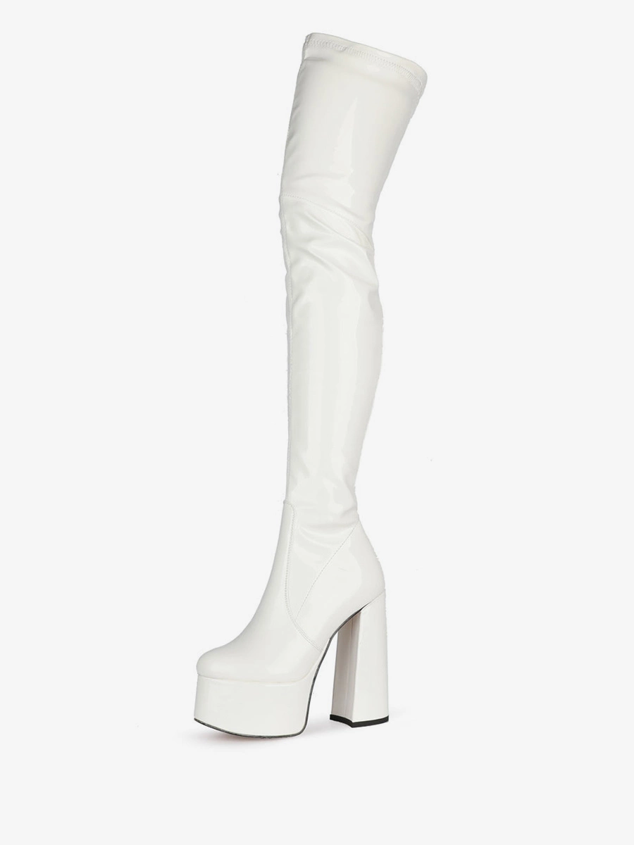 Over The Knee Boots Black Round Toe Chunky Heel High Heel Platform Bright Leather Winter Boots For Women 4 Over The Knee Boots Black Round Toe Chunky Heel High Heel Platform Bright Leather Winter Boots For Women - Image 2