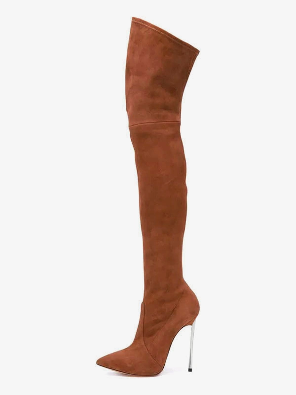 Over The Knee Boots Micro Suede Upper Coffee Brown Pointed Toe Stiletto Heel Thigh High Boots 5 Over The Knee Boots Micro Suede Upper Coffee Brown Pointed Toe Stiletto Heel Thigh High Boots - Image 3