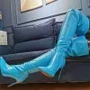 Women Over The Knee Boots Plus Size Stiletto Heel Pointed Toe Zipper PU Leather Light Blue Thigh High Boots