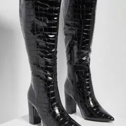 Women Knee High Boots Leather Black Round Toe Stone Patter Chunky Heel Boots -UK Winter Shoes Sales 2023 e328b939 6924 40be 9ed5 476603257d29