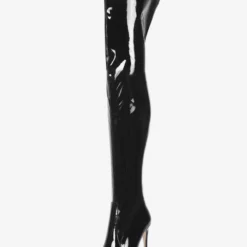 Over The Knee Boots Leather Black Pointed Toe Stiletto Heel Bright Leather Thigh High Boots