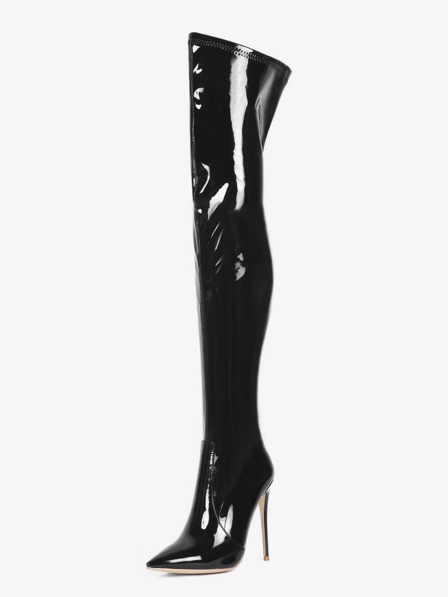 Over The Knee Boots Leather Black Pointed Toe Stiletto Heel Bright Leather Thigh High Boots 3 Over The Knee Boots Leather Black Pointed Toe Stiletto Heel Bright Leather Thigh High Boots