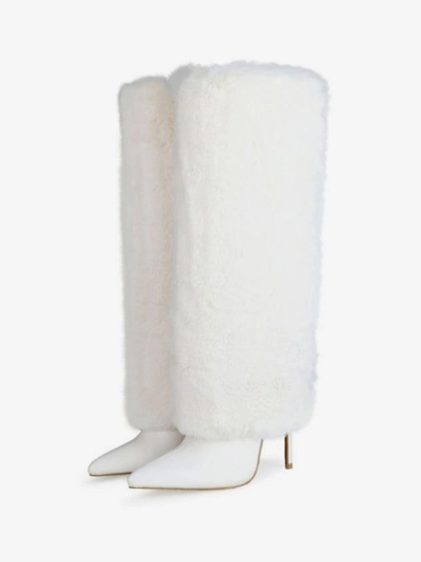 Women's White Boots Fuzzy Stiletto Heel Knee High Boots 6 Women's White Boots Fuzzy Stiletto Heel Knee High Boots - Image 4