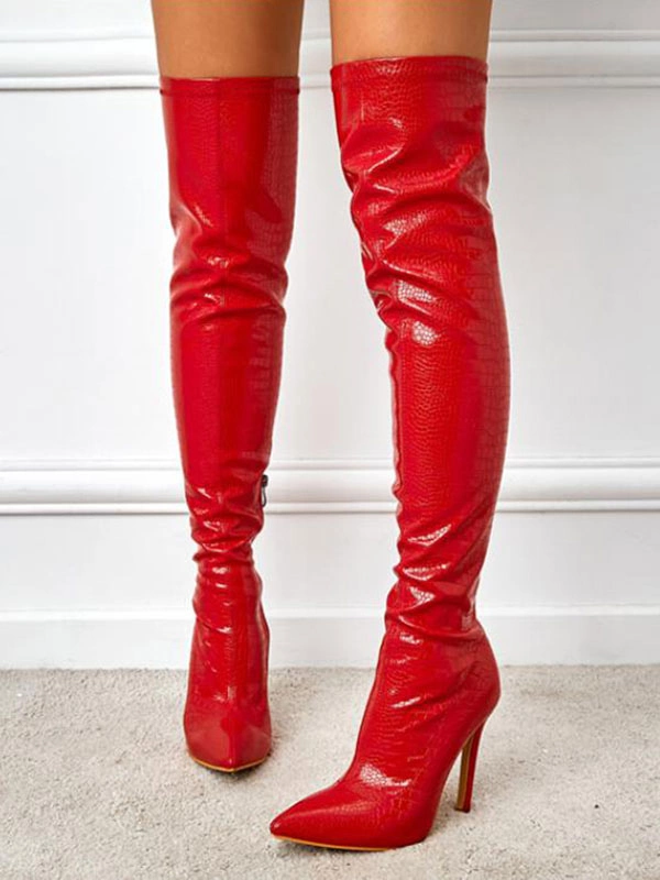 Women's Thigh High Boots Pointy Toe Stiletto Heel Bright Leather 8 Women's Thigh High Boots Pointy Toe Stiletto Heel Bright Leather - Image 6