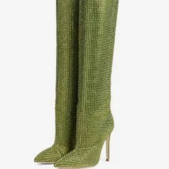 High Heel Wide Calf Boots Women Rhinestones Pointed Toe Stiletto Knee High Boots Sexy Party Shoes