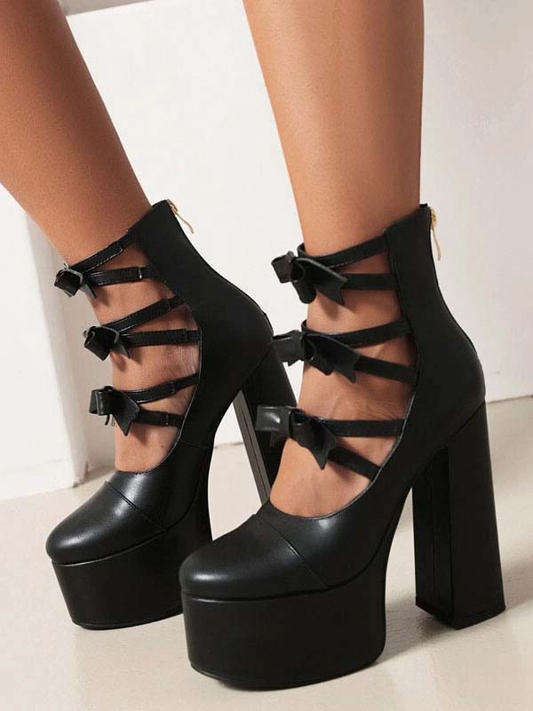 Women's High Heel Booties PU Leather Round Toe Platform Bow Detail Chunky Heel Ankle Boots 7 Women's High Heel Booties PU Leather Round Toe Platform Bow Detail Chunky Heel Ankle Boots - Image 5