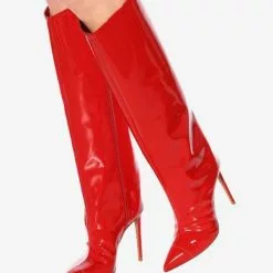 Red Knee High Boots Point Toe Bright Leather Stiletto Heel Knee Length Boots For Women