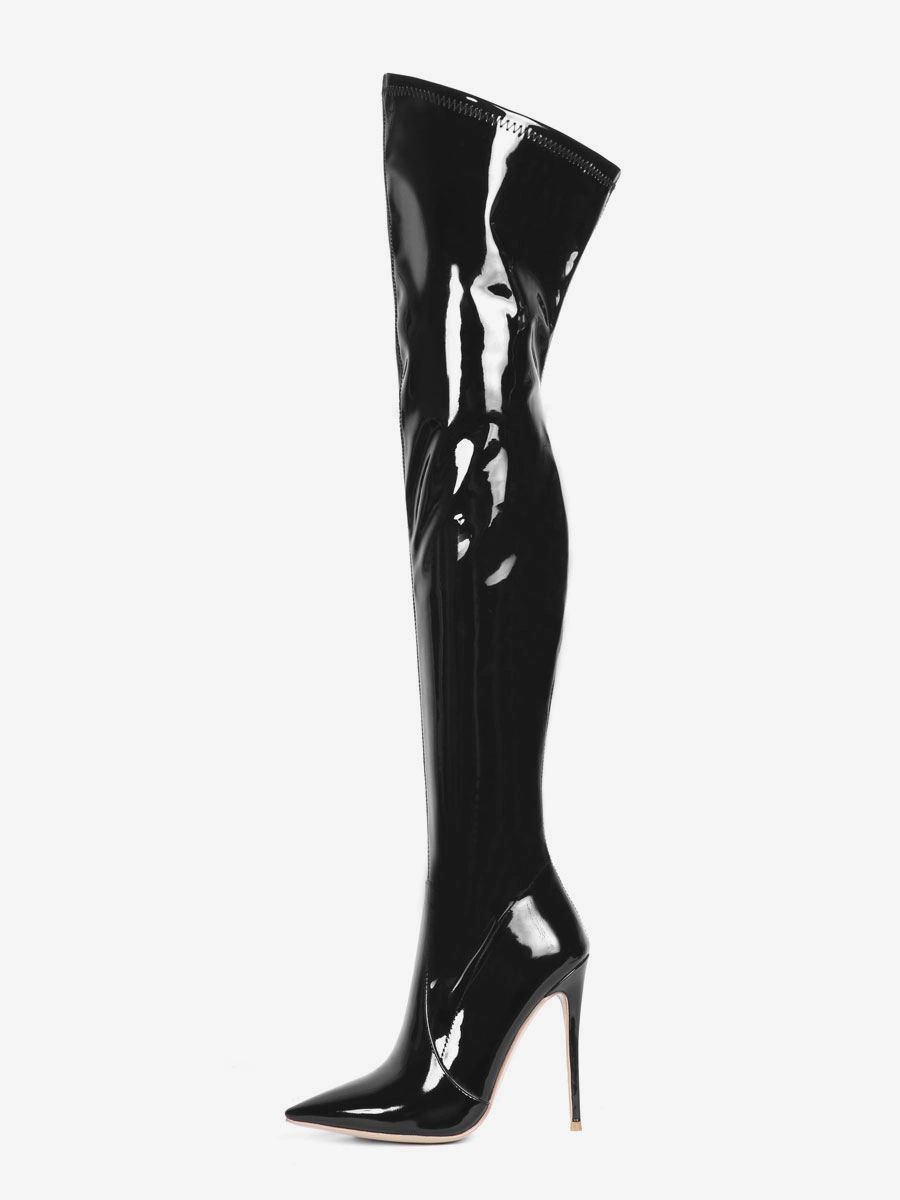 Over The Knee Boots Leather Black Pointed Toe Stiletto Heel Bright Leather Thigh High Boots 4 Over The Knee Boots Leather Black Pointed Toe Stiletto Heel Bright Leather Thigh High Boots - Image 2